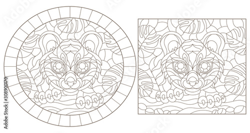 Set contour illustrations of stained glass with a tiger on the background of tropical plants, round and square image, dark contours on white background