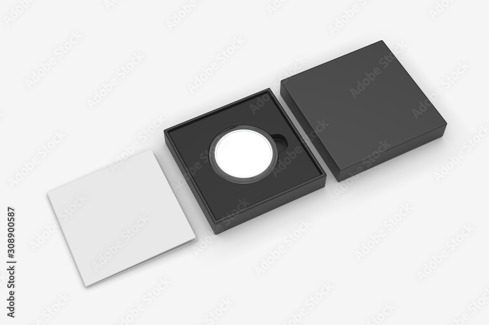 Blank proof coin in plastic case and paper box. 3d render illustration. Blank proof coin in plastic case and paper box. 3d render illustration.