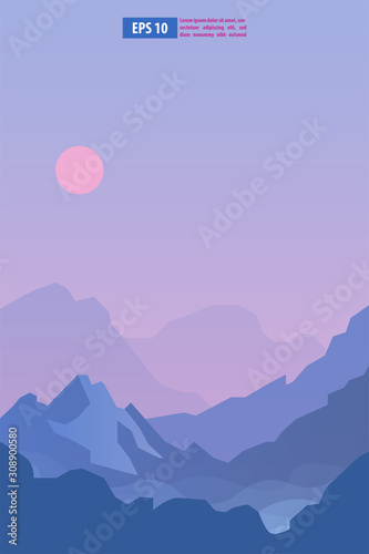 Beautiful sunrise or sunset snow winter mountain landscape with moon or sun. Vector concept for weather app. Nature scenery background vector illustration