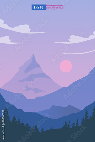 Beautiful sunrise or sunset snow winter mountain landscape with moon or sun. Vector concept for weather app. Nature scenery background vector illustration