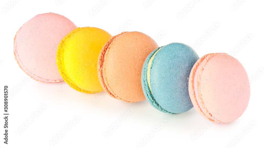 Different tasty macarons on white background Different tasty macarons on white background