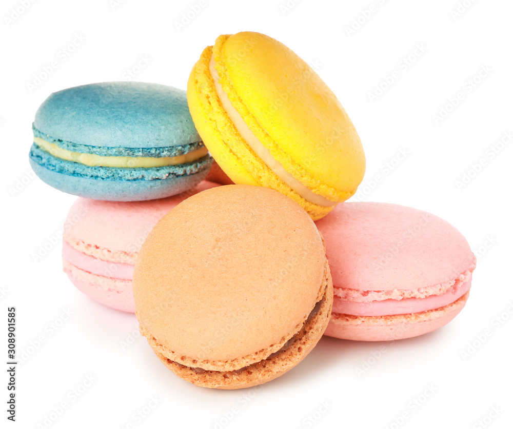 Different tasty macarons on white background Different tasty macarons on white background