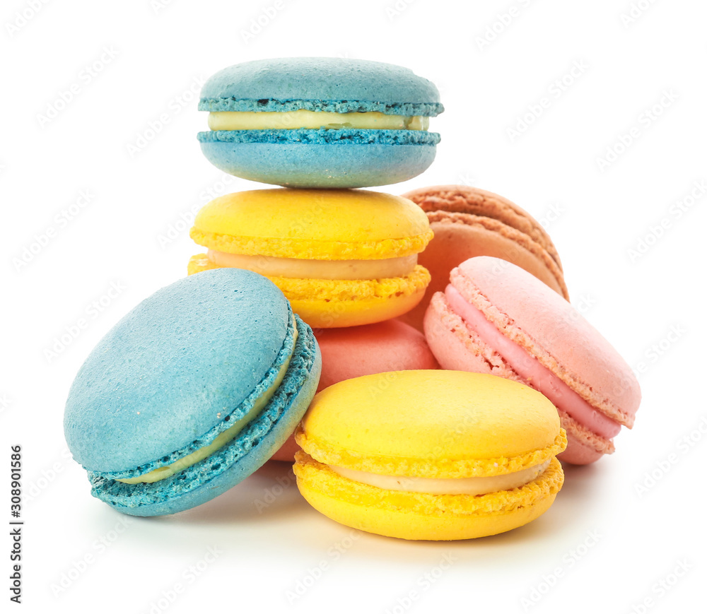 Different tasty macarons on white background Different tasty macarons on white background