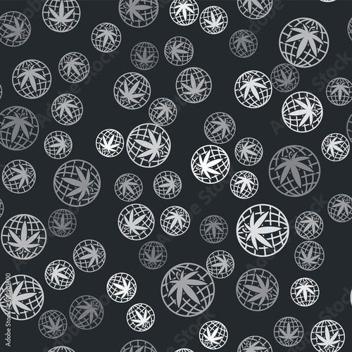 Grey Legalize marijuana or cannabis globe symbol icon isolated seamless pattern on black background. Hemp symbol. Vector Illustration