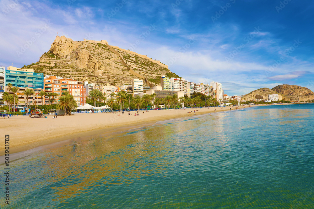 Panoramic view of Alicante city and El Postiguet Beach, Mediterranean destination in Spain