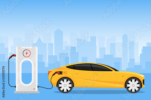 Electric car charging at the charger station Vector Illustration