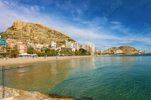 Alicante city and El Postiguet Beach, Costa Blanca, Spain photo