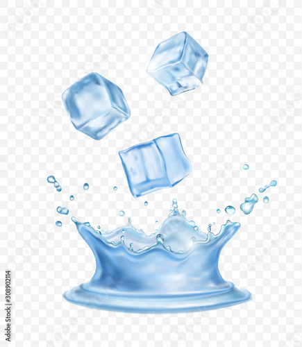 Transparent vector water crown splash and realistic ice cubes on light background.