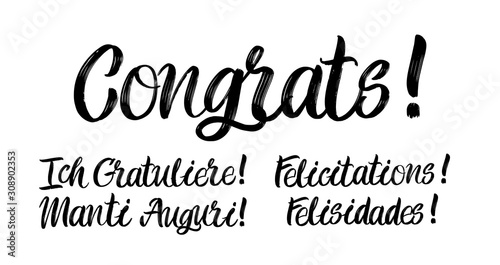 Set of congrats brush paint hand drawn lettering on white background. Felicitations, Felisidades, Augiri, Ich Gratuliere design templates for greeting cards, overlays, posters