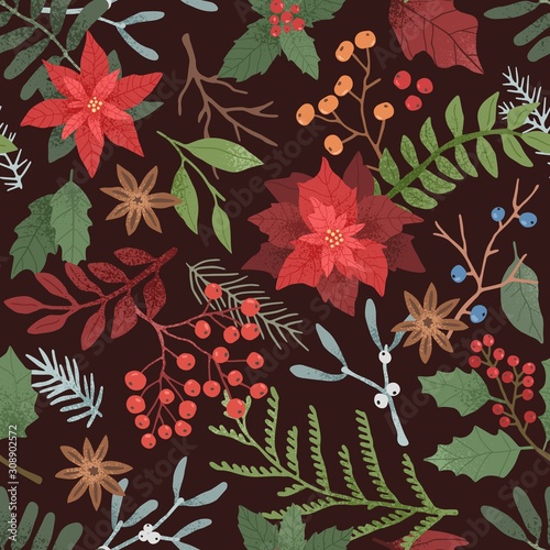 Winter season botanical vector seamless pattern. Poinsettia, sorbus berries, ilex, mistletoe on black background. Seasonal botany decorative backdrop. Wrapping paper, textile, fabric design.