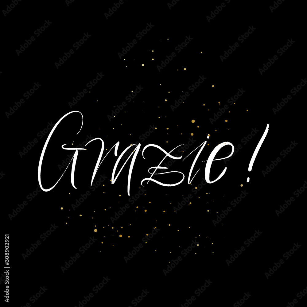 Grazie brush paint hand drawn lettering on black background with splashes. Thanks in italian language design  templates for greeting cards, overlays, posters