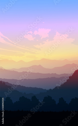 Natural forest Jungle horizon trees Landscape wallpaper Sunrise and sunset  Illustration vector style Colorful view background