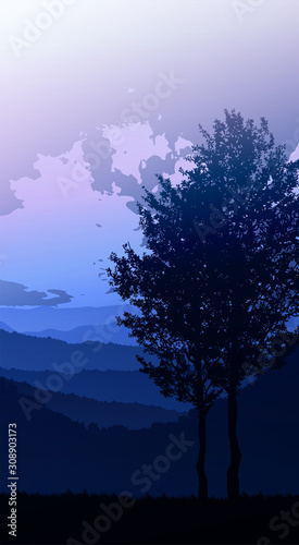 Natural forest Jungle horizon trees Landscape wallpaper Sunrise and sunset  Illustration vector style Colorful view background