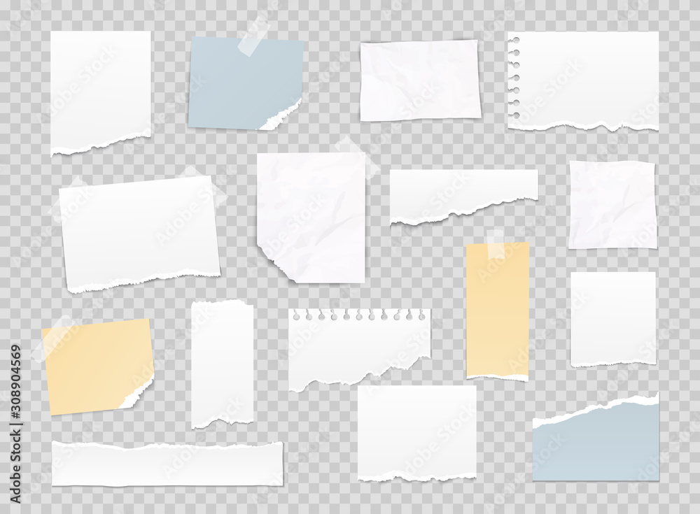 Collection of various note papers, banner set. Different scraps of paper stuck by sticky tape. Vector illustration. - obrazy, fototapety, plakaty 