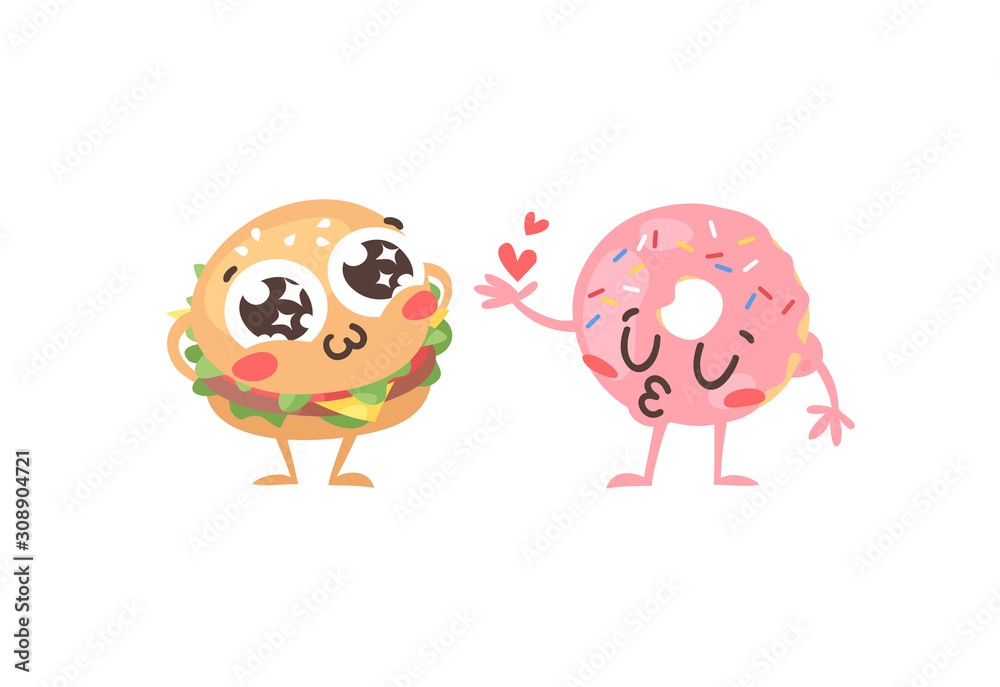 Cartoon drawing set of fast food emoji. Hand drawn emotional meal.Actual Vector illustration american cuisine. Creative ink art work burger and donut