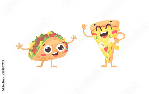 Cartoon drawing set of fast food emoji. Hand drawn emotional meal.Actual Vector illustration mexican and italian cuisine. Creative ink art work pizza and tacos
