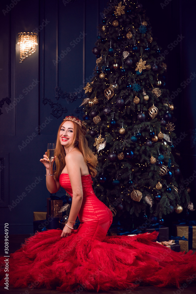 Christmas party scene, Woman in gorgeous red feather dress, fashionable concept
