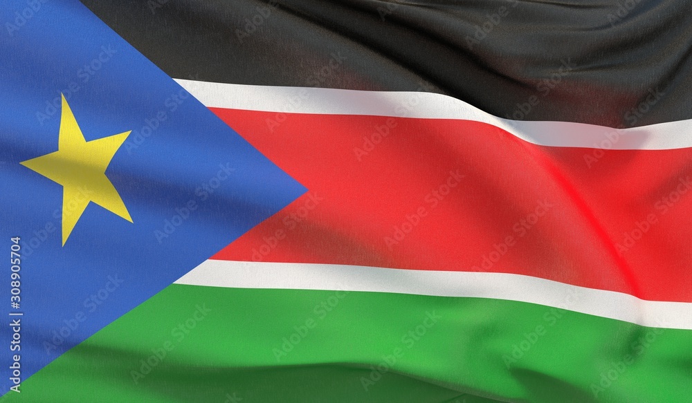 Waving national flag of South Sudan. Waved highly detailed close-up 3D render.