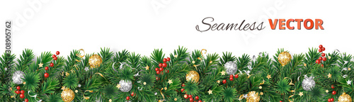 Vector Christmas decoration. Pine tree garland with gold and silver ornaments