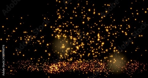 Golden confetti bokeh lights on the black background. 3d illustration