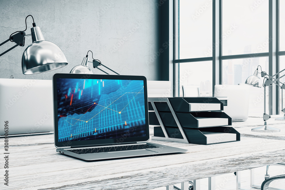 Fototapeta premium Cabinet desktop interior with financial charts and graphs on computer screen. Concept of stock market analysis and trading. 3d rendering.
