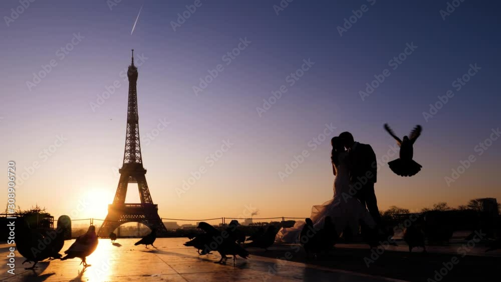 Silhouette of kissing newlyweds on a eiffel tower background. Sunrise and pigeons around. Paris