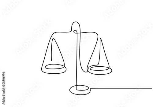 Continuous one line drawing of law weights. Scale of metal vector minimalism design.