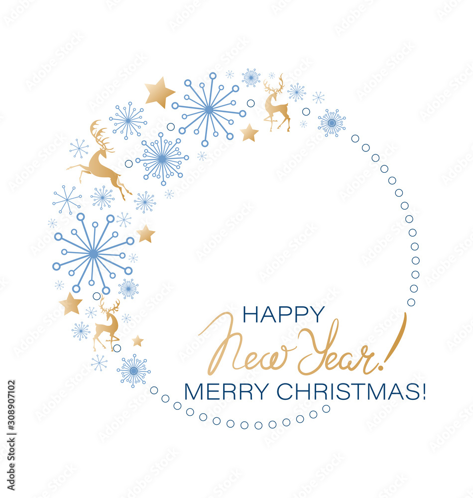 Christmas round frame. Golden deer, stars and blue snowflakes. New Year and Christmas decorations. Winter holiday background with place for text. Vector illustration isolated on a white background.