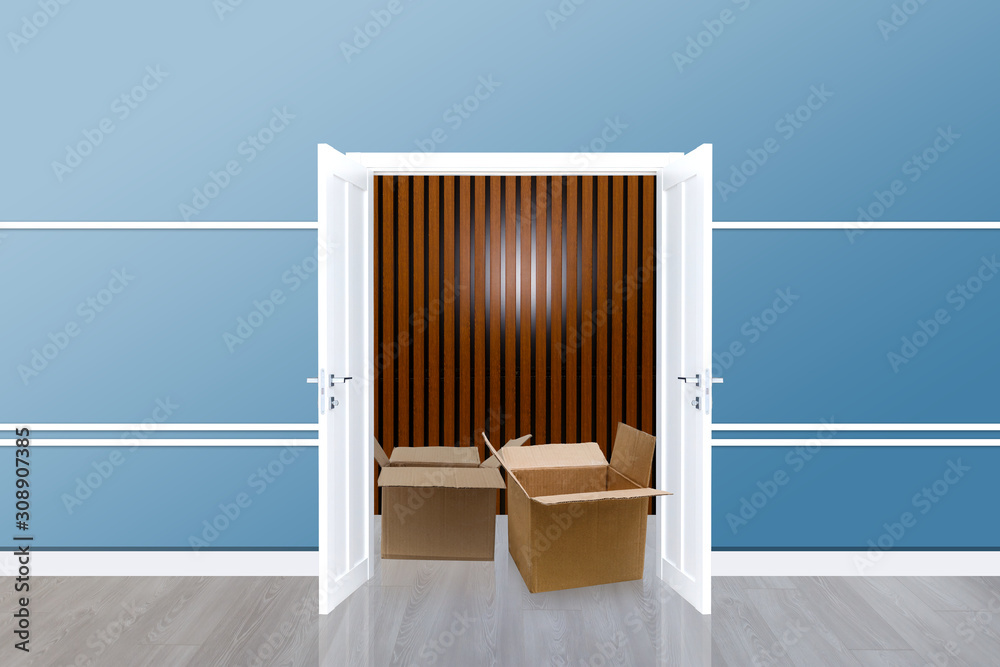 Fototapeta premium Cardboard box and open door with Blue wall room