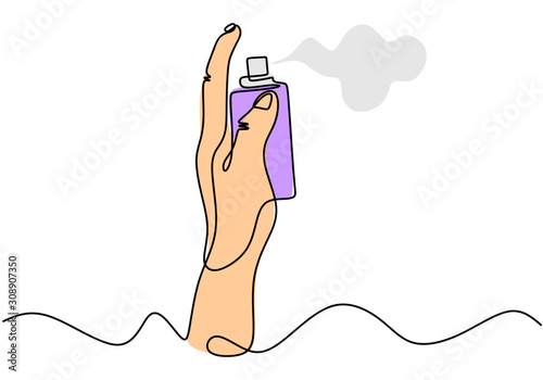 Continuous one line drawing of hand spraying perfume aroma from bottle. Minimalism vector isolated on white background.