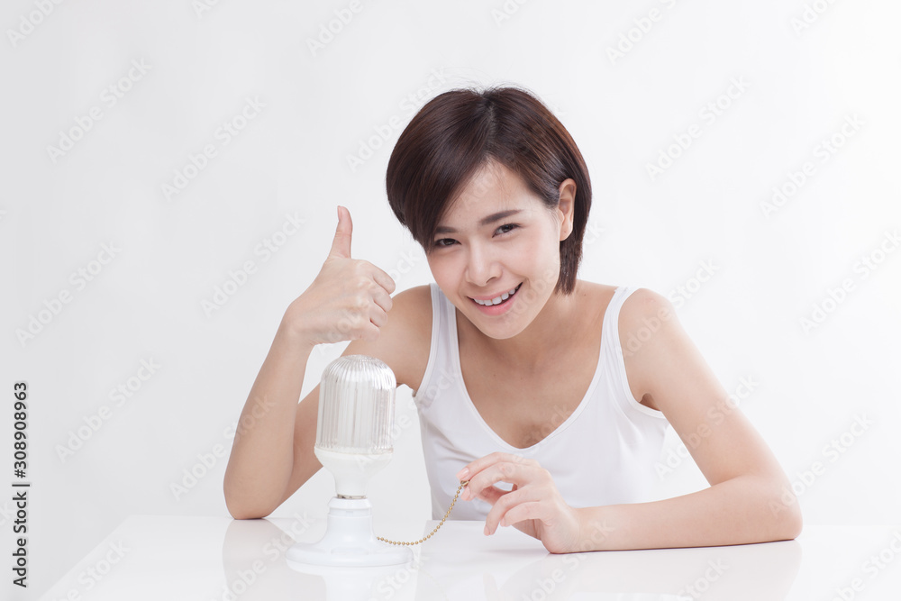 Young beautiful Asian short hair female model on white background Young beautiful Asian short hair female model on white background