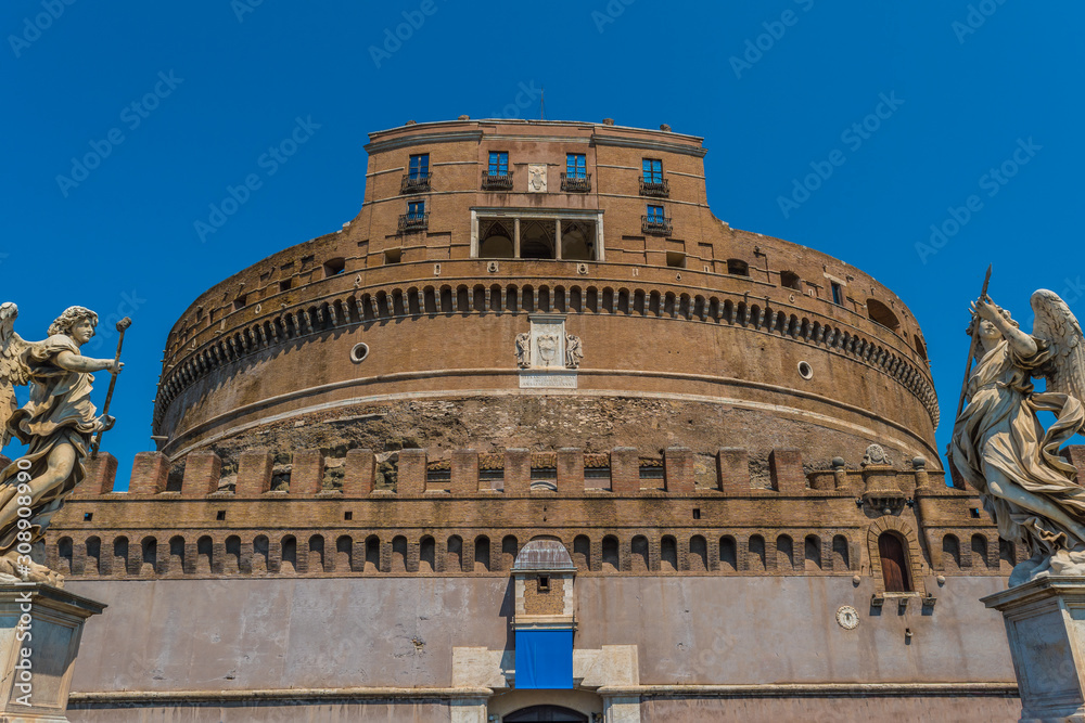 Sant'Angelo Castle facade with two angels in Rome, Italy