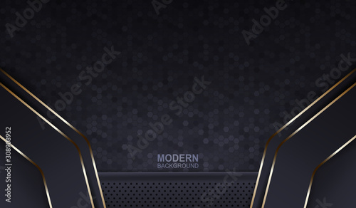 Gray background with a mosaic of polygons and arrows with a thin edging of a gold hue