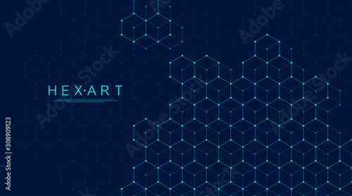Abstract hexagonal boxes background. Molecular structure with hexagons lines and dots. Medical banner template design. Science and technology concept. Vector illustration