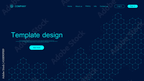 Website template design. Asbtract scientific background with colorful dynamic waves, hexagonal innovation pattern. Modern landing page for websites or apps. Vector illustration.