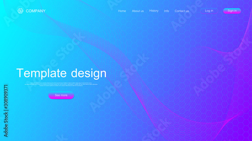 Website template design. Asbtract scientific background with colorful dynamic waves, hexagonal innovation pattern. Modern landing page for websites or apps. Vector illustration.