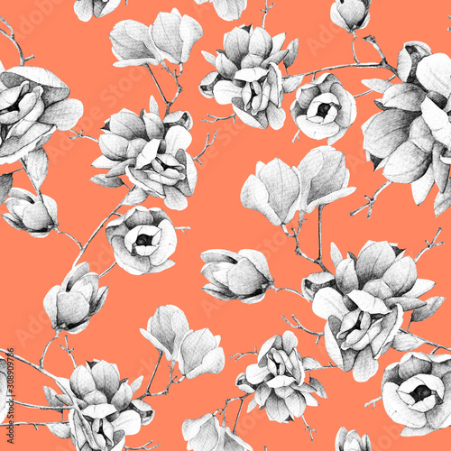 Botanical seamless pattern with Magnolia branches. Detail hand-drawn flowers. Delicate flowers. The design is suitable for textiles and interior, as well as for invitations and cards.