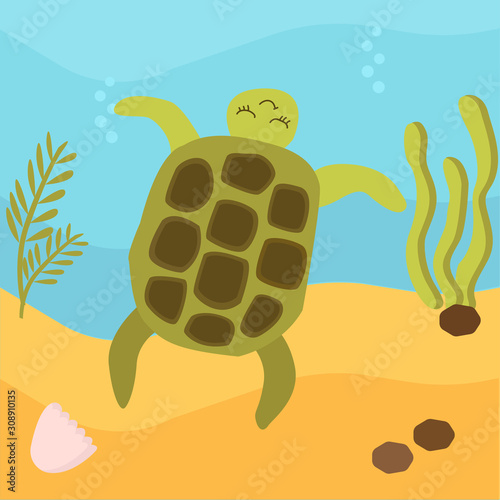 Sea life. Vector illustration. Cute turtle . Colored Underwater world, marine animals. background is ocean nature - sand and deep blue water with sea weed