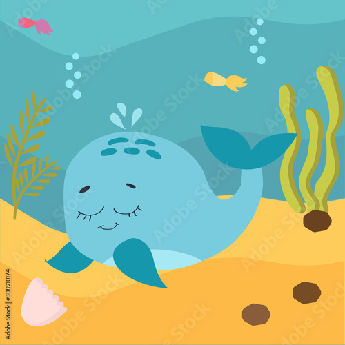 Sea life. Vector illustration. Cute blue whale . Colored Underwater world, marine animals. background is ocean nature - sand and deep blue water with sea weed
