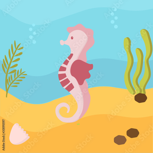 Sea life. Vector illustration. Cute seahorse . Colored Underwater world, marine animals. background is ocean nature - sand and deep blue water with sea weed