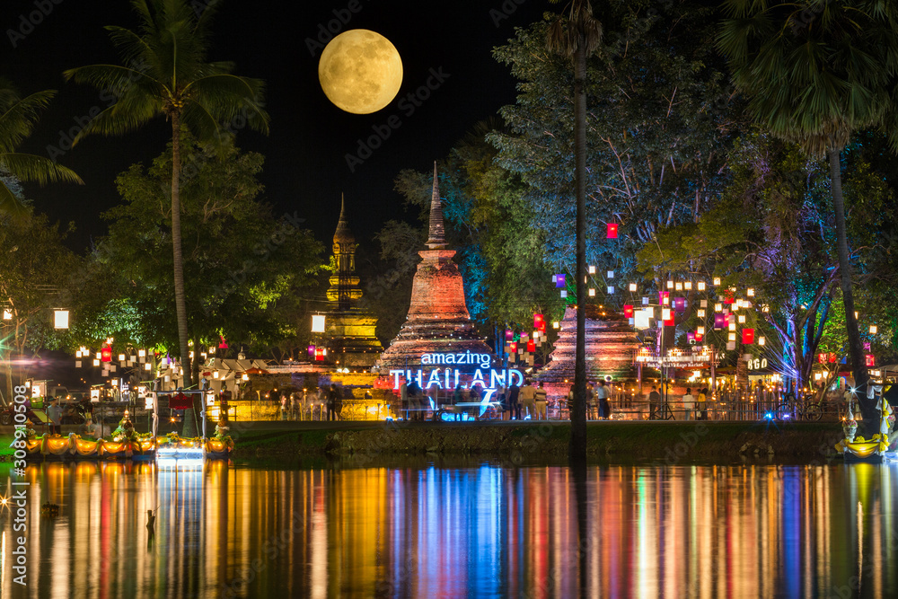 Loi Krathong Festival in Sukhothai Historical Park, Thailand.