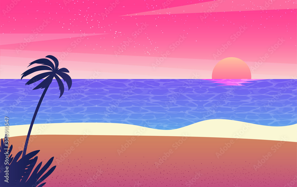Naklejka premium Sea and beach landscape concept. Silhouette man enjoy beauty of summer beach sunset. vector illustration