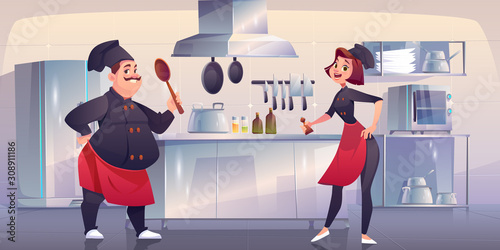 Chef and sous chef on kitchen. Restaurant staff in uniform stand at cooking area with appliances and furniture table, oven, range hood, refrigerator and metal utensil. Cartoon vector illustration