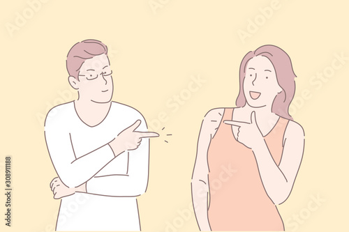Best friends, cheerful students, support gestures concept. Smiling colleagues having fun, pointing index fingers. Coworkers laughing at good joke. Friendly relationship idea. Simple flat vector