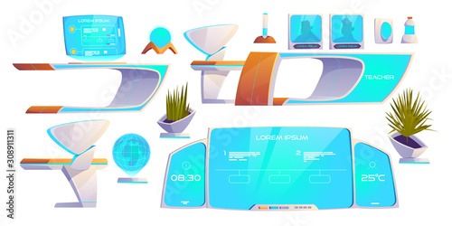 Futuristic classroom stuff set. Modern furniture and supplies isolated on white background. Neon digital blackboard, hologram computer monitor, technological desks, plants. Cartoon vector illustration