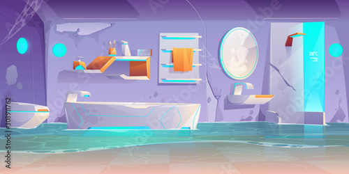 Abandoned futuristic bathroom, flooded room with broken furniture and stuff, spiderweb, cracked wall, neon glowing bath tub, shower cabin and washbasin, crashed modern home Cartoon vector illustration