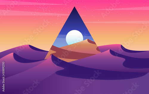 Desert sunset  landscape with sand dunes concept. triangle abstract of Sunset and sunrise in sandy valley. Vector illustration