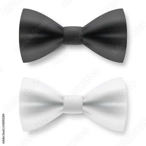 Black and White Bow Tie From Satin Material. Realistic Formal Wear for Gentleman Smoking Bow Tie Garment Accessory on White Background or Gentlemen Black Tie Party Club or Wedding Design