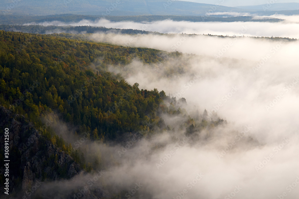Morning fog in the mountains covered by forest. Morning fog in the mountains covered by forest.