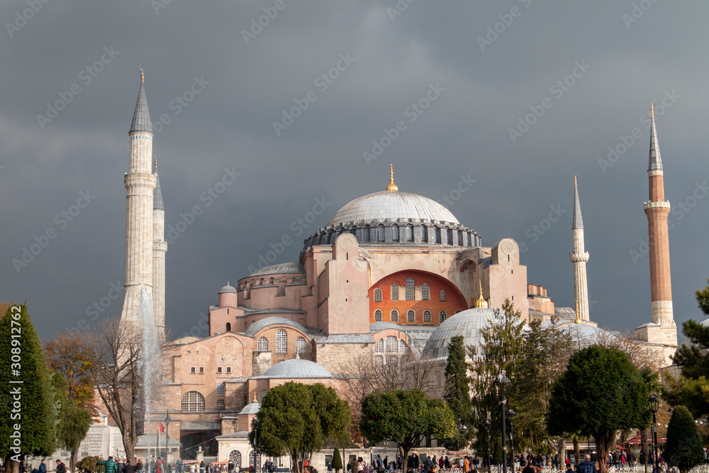 View of Hagia Sophia with mystical dark clouds
